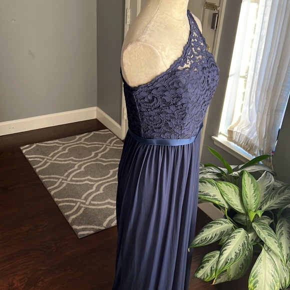 David Bridal One Shoulder Lace Navy Maxi Dress - Picture 3 of 8
